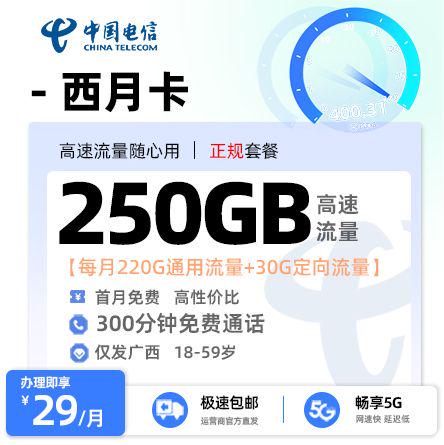北海电信西月卡29元享205G流量+300分钟通话